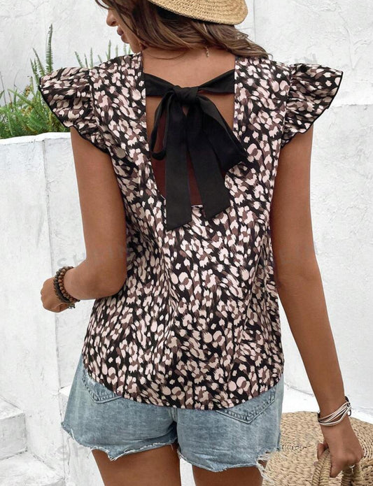 SHEIN Frenchy Camisa De Manga Mariposa Con Lazo En La Espalda Y Estampado Completo