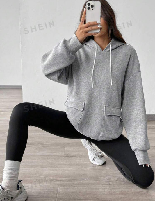 SHEIN LUNE Sudadera casual con capucha y bolsillo tipo canguro para mujeres, sudadera de manga larga