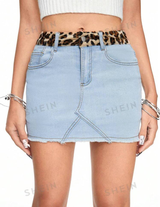 ROMWE Kawaii Falda de mezclilla diaria simple para mujer, de unicolor con estampado de leopardo