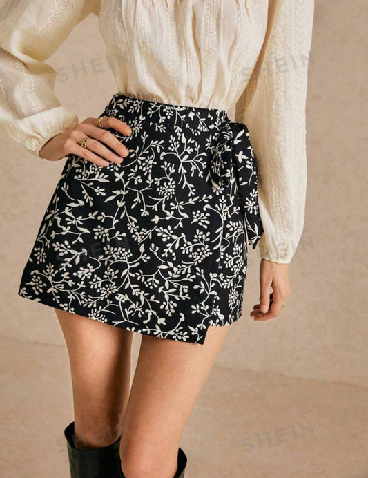 Poéselle Falda con estampado total y cordones, de línea A para mujer, uso diario casual