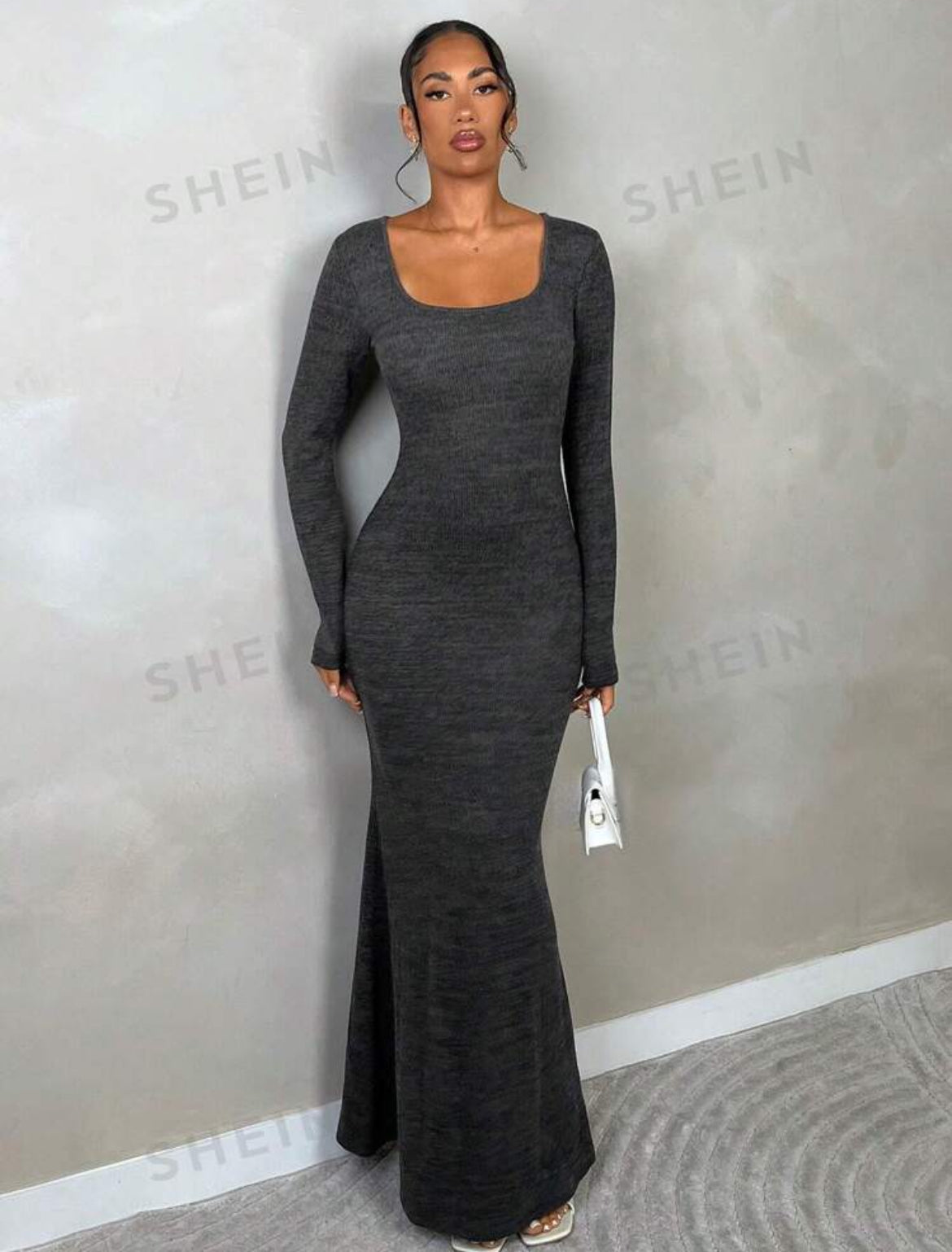 SHEIN BAE Vestido sexy de manga larga, cuello rectangular, forro de otoño, falda de cola de sirena, ajustado al cuerpo