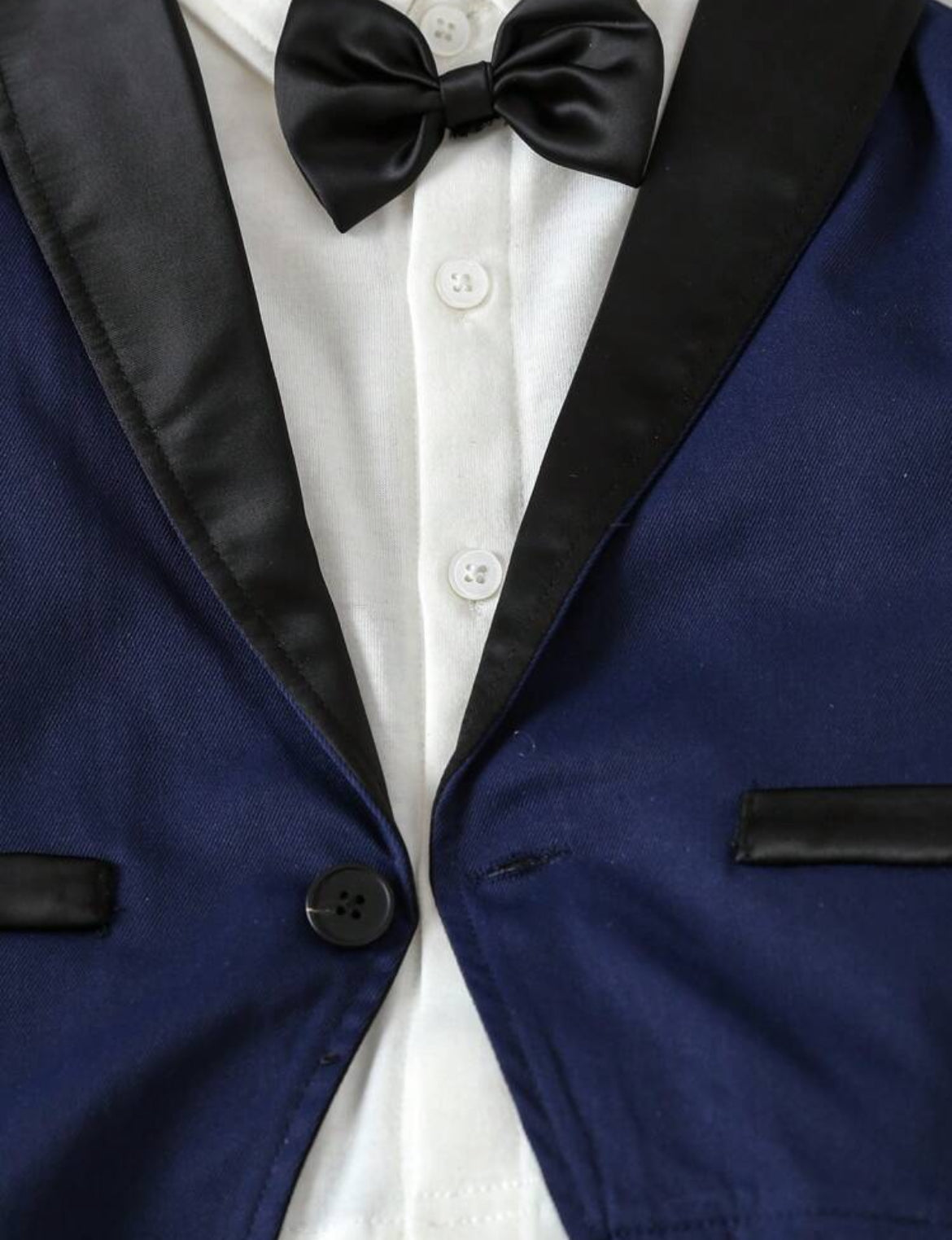 SHEIN Conjunto de 2 piezas de niño pequeño con chaqueta de cuello de chal de manga larga y pantalones, elegante y de moda para fiesta de cumpleaños, fiesta de noche, boda, bautizo, 1er cumpleaños