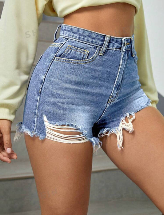 SHEIN EZwear Shorts de mezclilla con dobladillo crudo rasgado y cintura alta de moda para mujer de verano