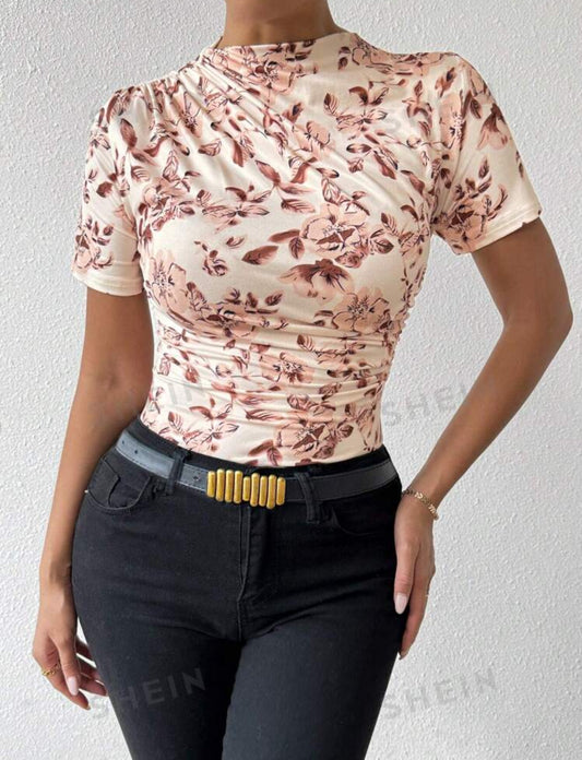 SHEIN VaVaLuxe Camiseta casual de verano para mujer con cuello alto, manga corta y plisada con estampado floral