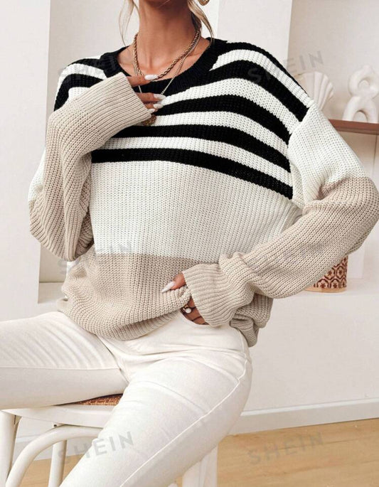 SHEIN Relaxiva Suéter casual holgado de cuello redondo de manga larga con rayas y contraste de colores para mujer