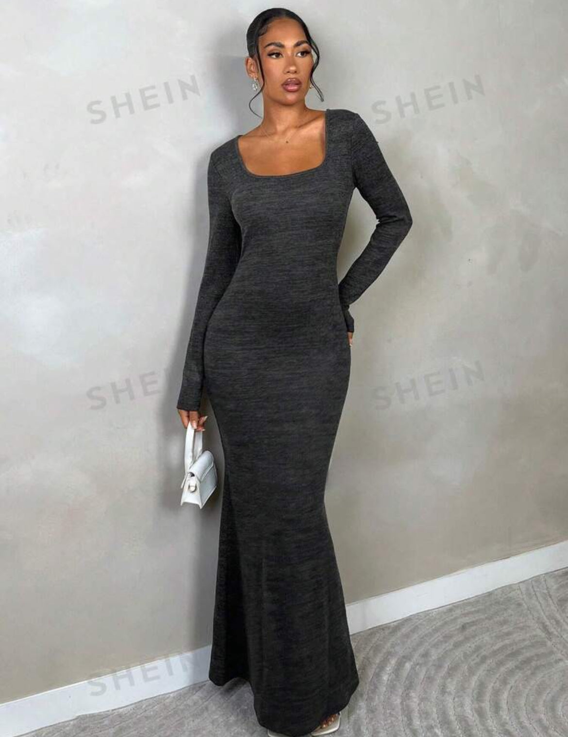 SHEIN BAE Vestido sexy de manga larga, cuello rectangular, forro de otoño, falda de cola de sirena, ajustado al cuerpo