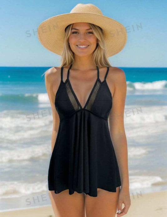 Traje de baño tankini de malla de contraste para vacaciones de verano