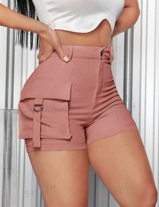 SHEIN SXY Shorts caqui de cintura alta de verano con bolsillos con solapa lateral