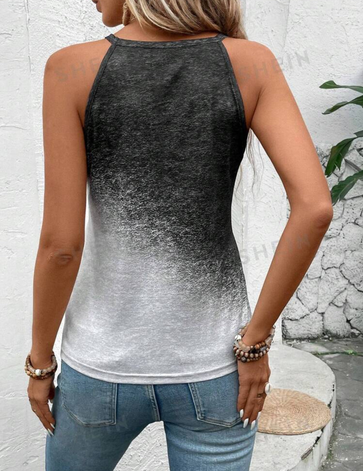 SHEIN LUNE Top de tirantes para mujer con impresión de diente de león en degradado blanco y negro