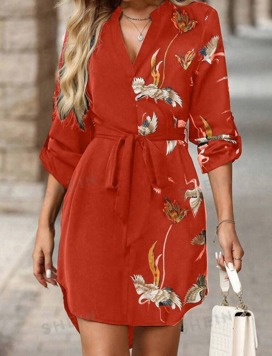 SHEIN Clasi Vestido casual de mujer con manga enrollable, cinturón