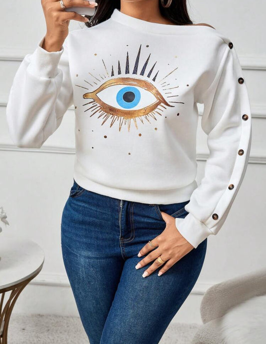 SHEIN Slayr Sudadera informal de mujer con cuello asimétrico y estampado de ojo