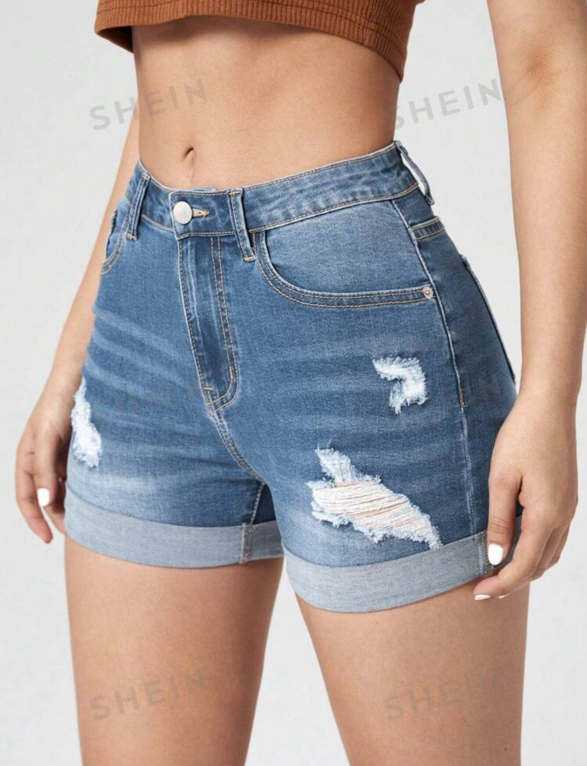 SHEIN Essnce Shorts de mezclilla rasgados simples y casuales para mujeres, shorts vaqueros de verano
