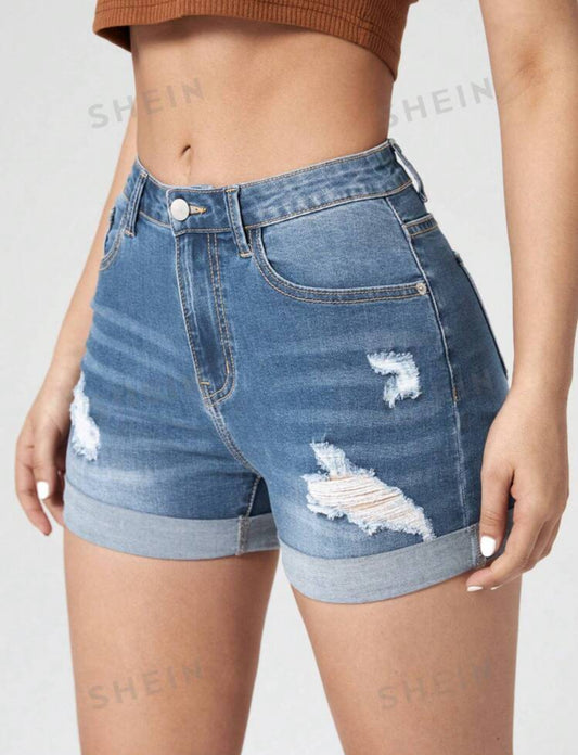 SHEIN Essnce Shorts de mezclilla rasgados simples y casuales para mujeres, shorts vaqueros de verano