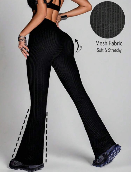 SHEIN Sport Innovista Pantalones deportivos con paneles de tela de malla y shorts con triángulos, leggings acampanados con control de abdomen y levantamiento de glúteos, leggings moldeadores de spándex elástico
