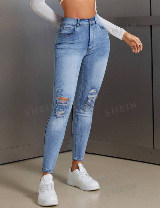 SHEIN SXY Jeans casuales versátiles de mujer con bolsillos y desgastados, tipo skinny