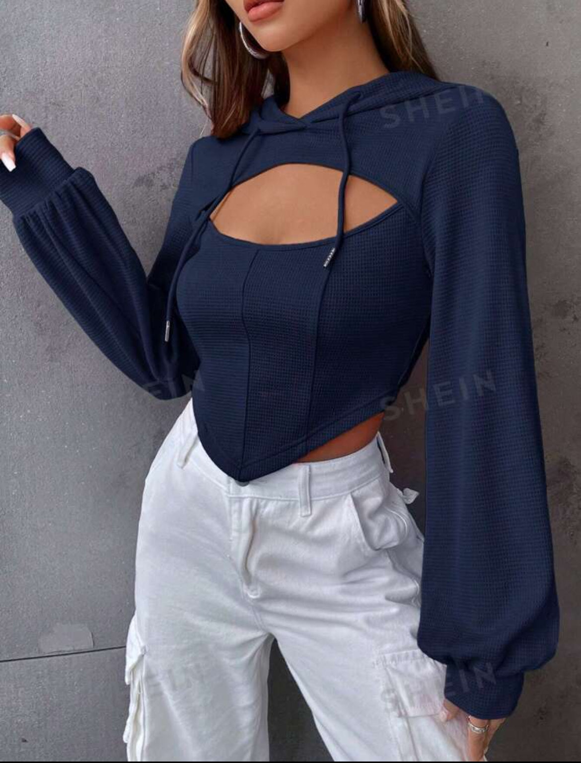 SHEIN EZwear Jersey con capucha de mujer de color azul profundo con bajo asimétrico y calado