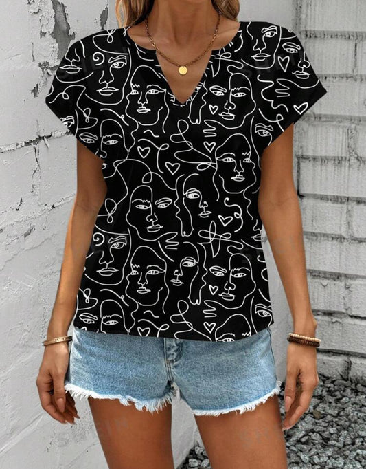CourtneyGrabenShop Blusa holgada de manga corta con estampado minimalista de rostro