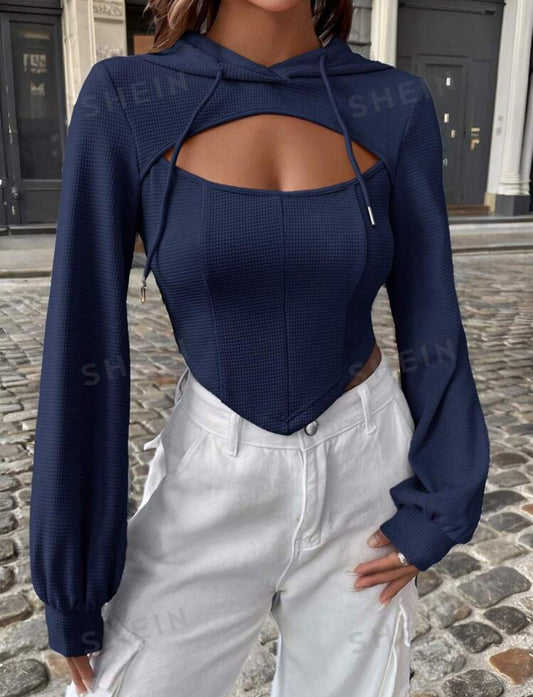 SHEIN EZwear Jersey con capucha de mujer de color azul profundo con bajo asimétrico y calado