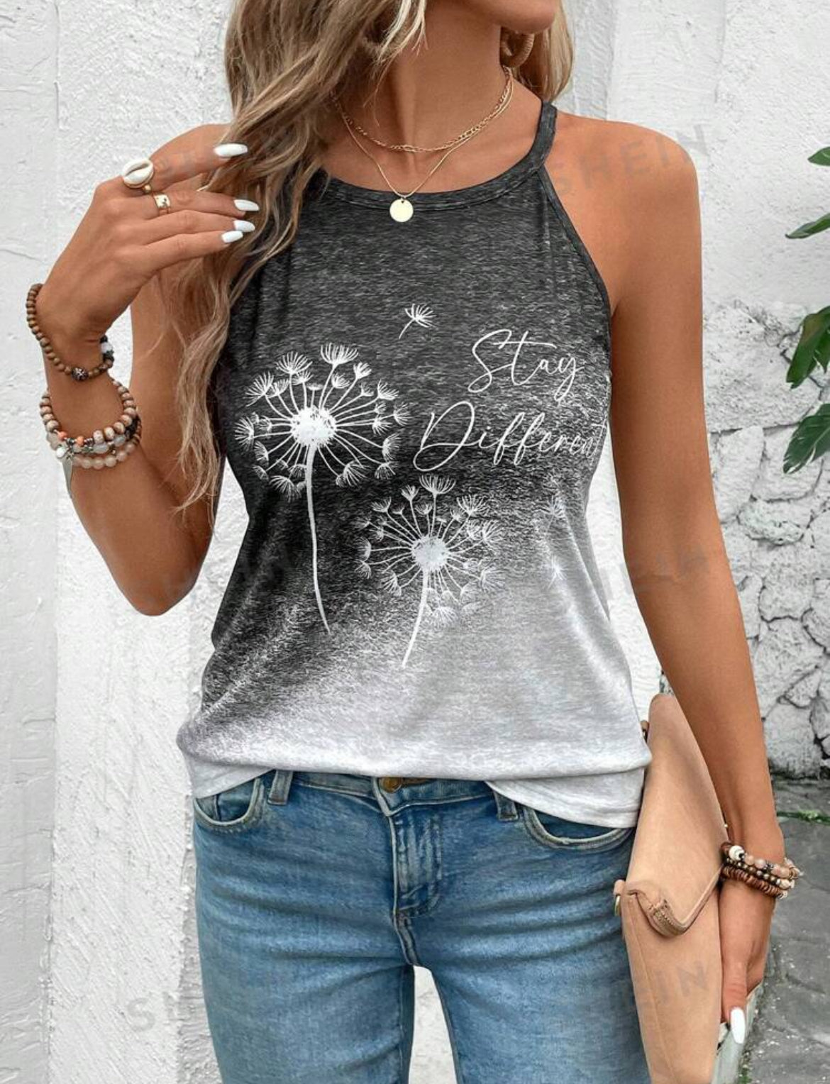 SHEIN LUNE Top de tirantes para mujer con impresión de diente de león en degradado blanco y negro