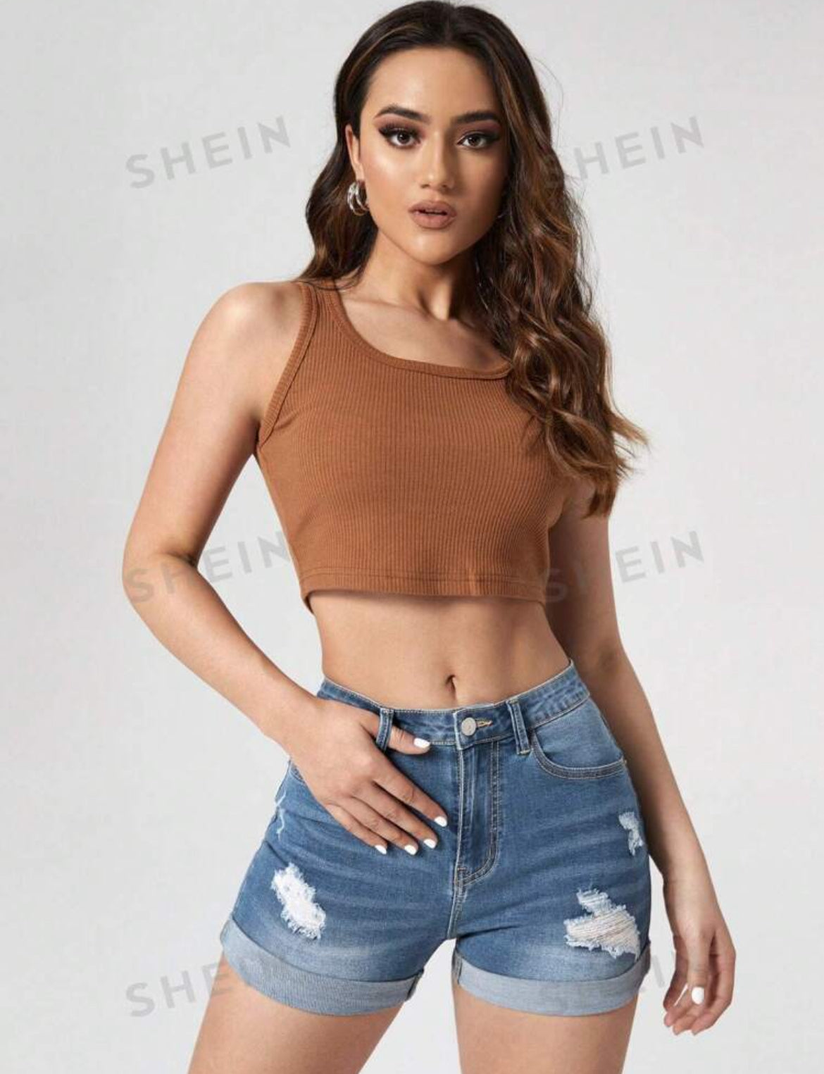 SHEIN Essnce Shorts de mezclilla rasgados simples y casuales para mujeres, shorts vaqueros de verano