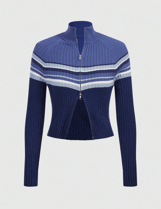 ROMWE Street Life Cárdigan de cuello alto con doble cremallera ajustado a rayas estilo vintage casual para mujeres