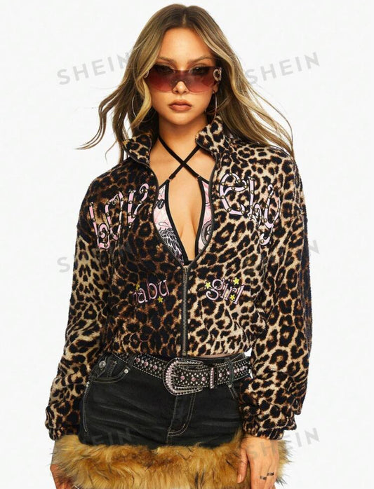 ROMWE Kawaii Chaqueta con estampado de leopardo esponjoso y bordado de estrella vintage