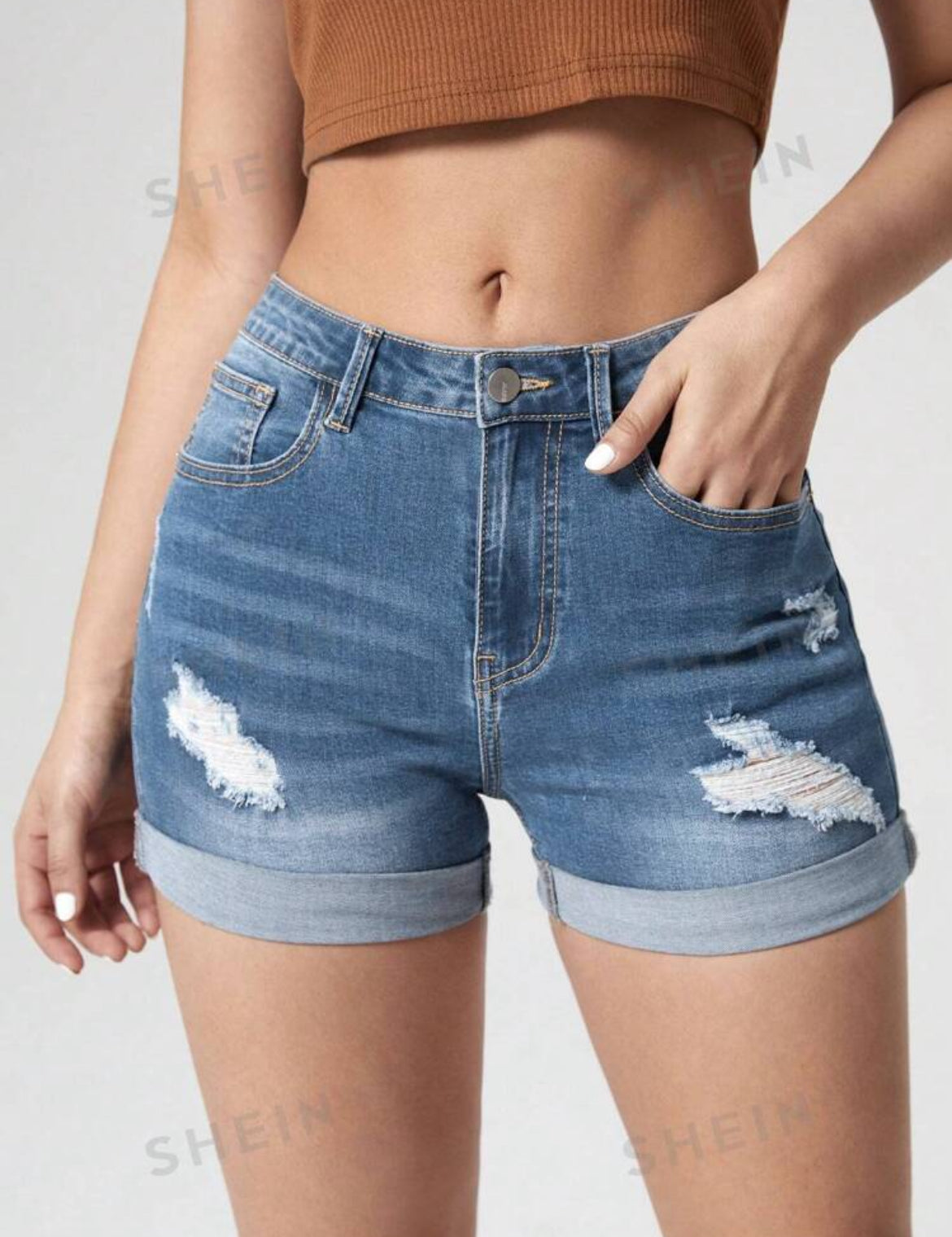 SHEIN Essnce Shorts de mezclilla rasgados simples y casuales para mujeres, shorts vaqueros de verano