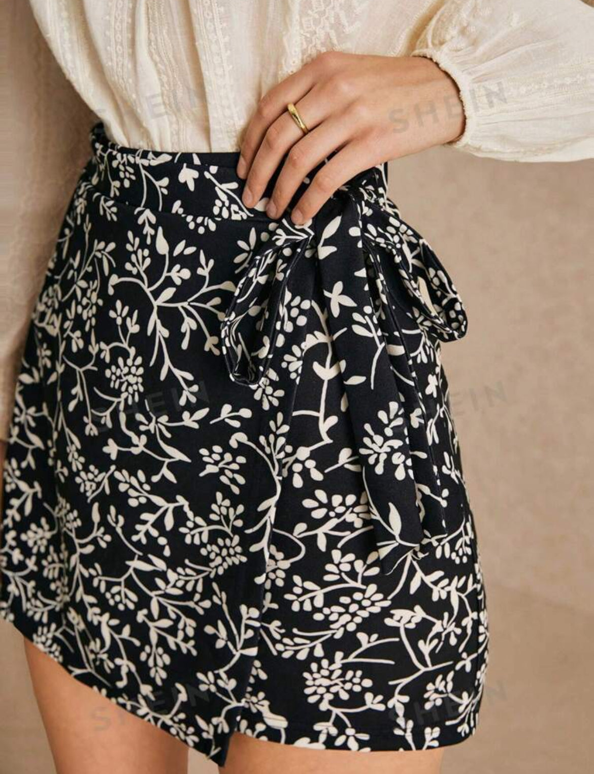 Poéselle Falda con estampado total y cordones, de línea A para mujer, uso diario casual