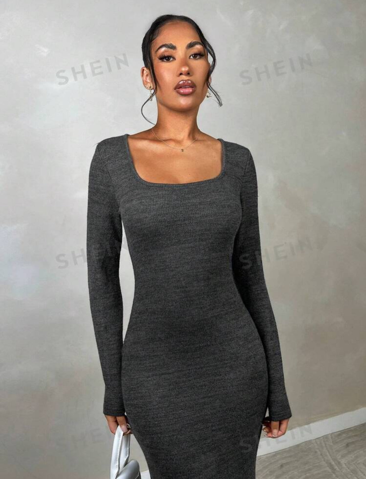 SHEIN BAE Vestido sexy de manga larga, cuello rectangular, forro de otoño, falda de cola de sirena, ajustado al cuerpo