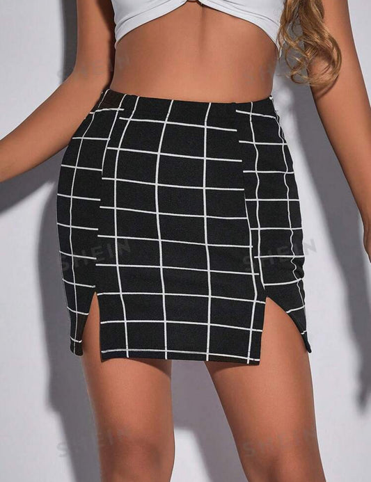 SHEIN Essnce Falda ajustada de cuadros bajo con abertura M