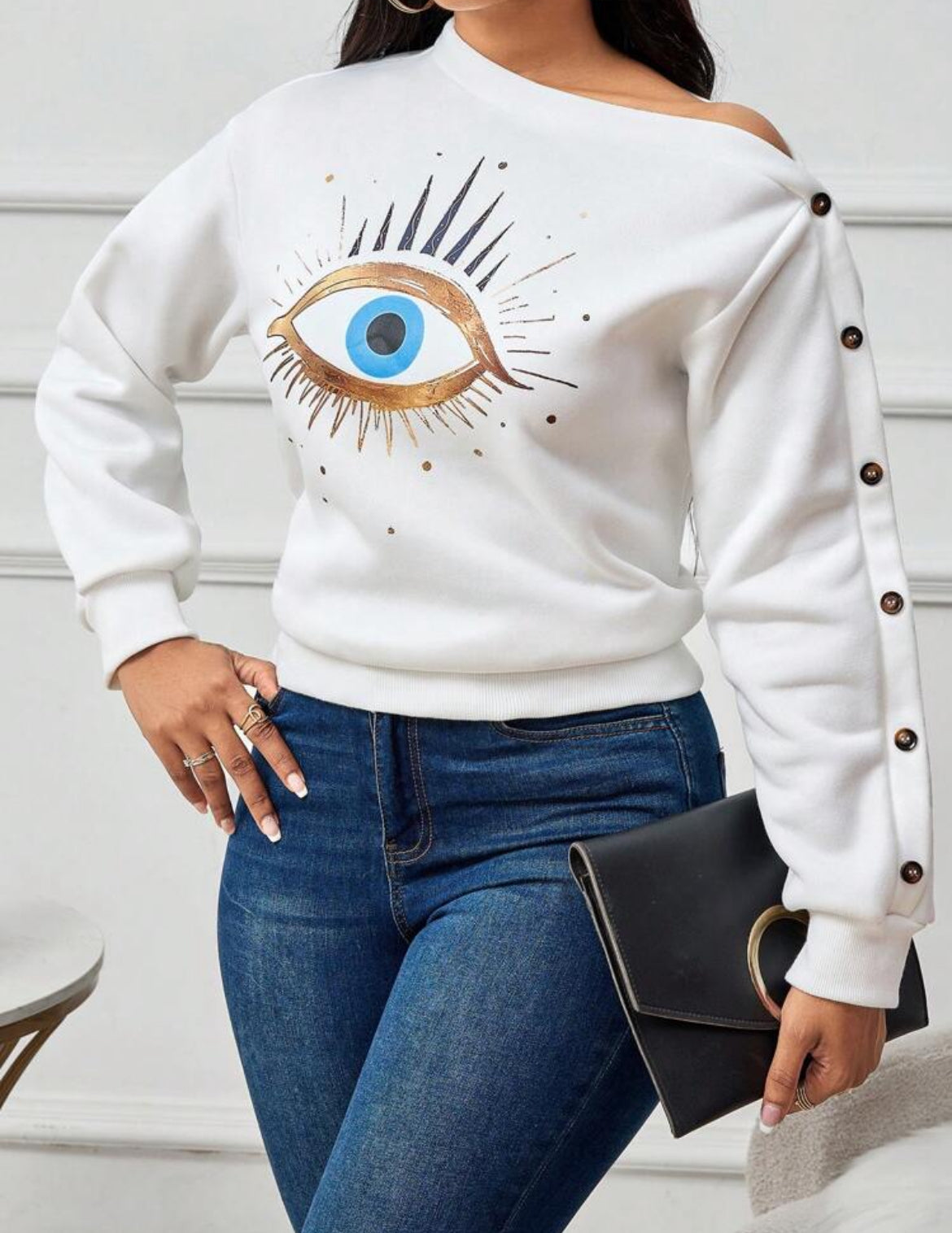 SHEIN Slayr Sudadera informal de mujer con cuello asimétrico y estampado de ojo