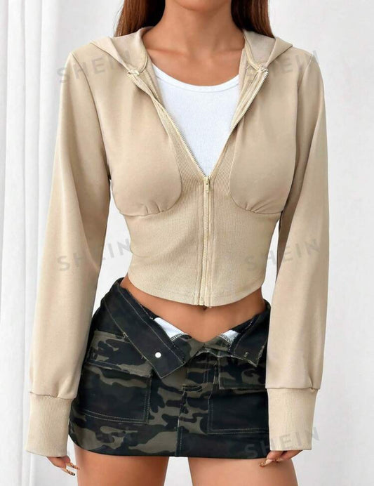 SHEIN EZwear Sudadera con capucha de punto con cremallera de color albaricoque para mujer